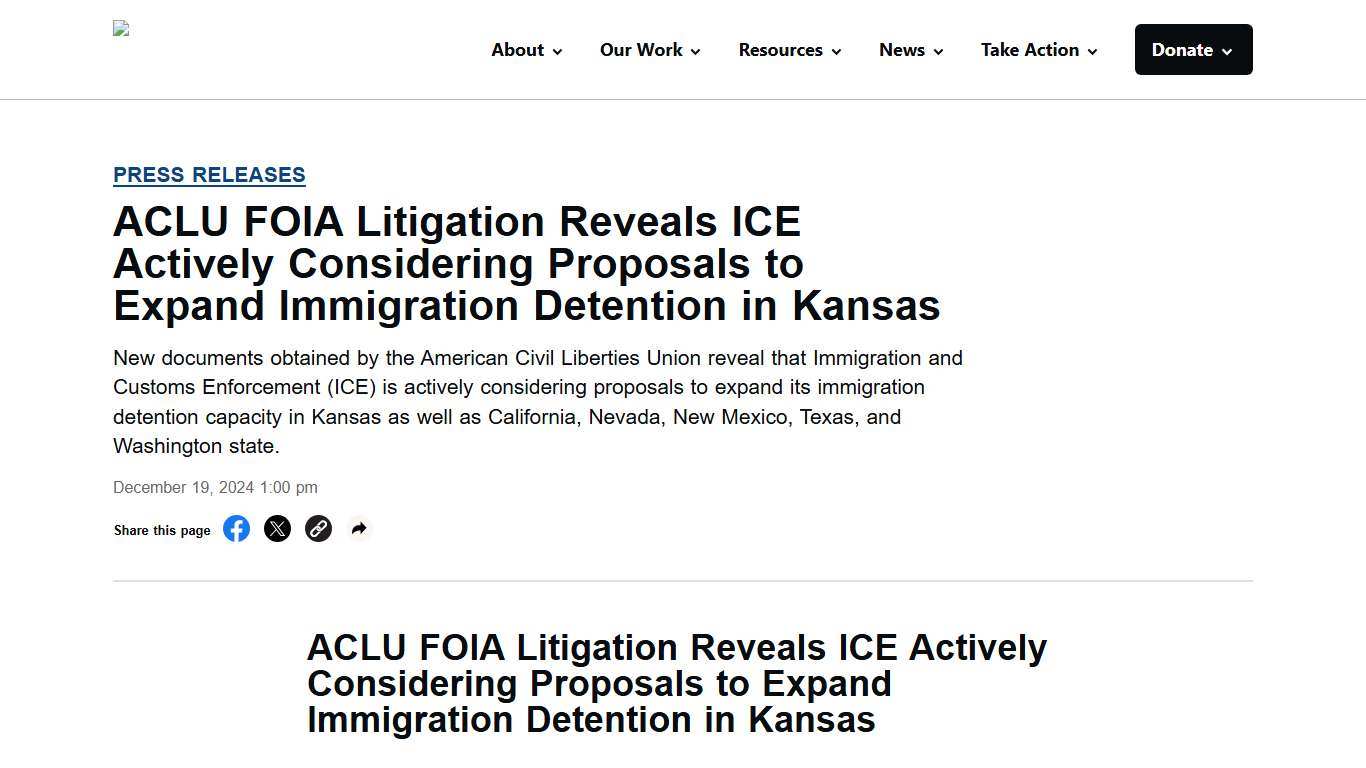 ACLU FOIA Litigation Reveals ICE Actively Considering Proposals to Expand Immigration Detention in Kansas - ACLU of Kansas