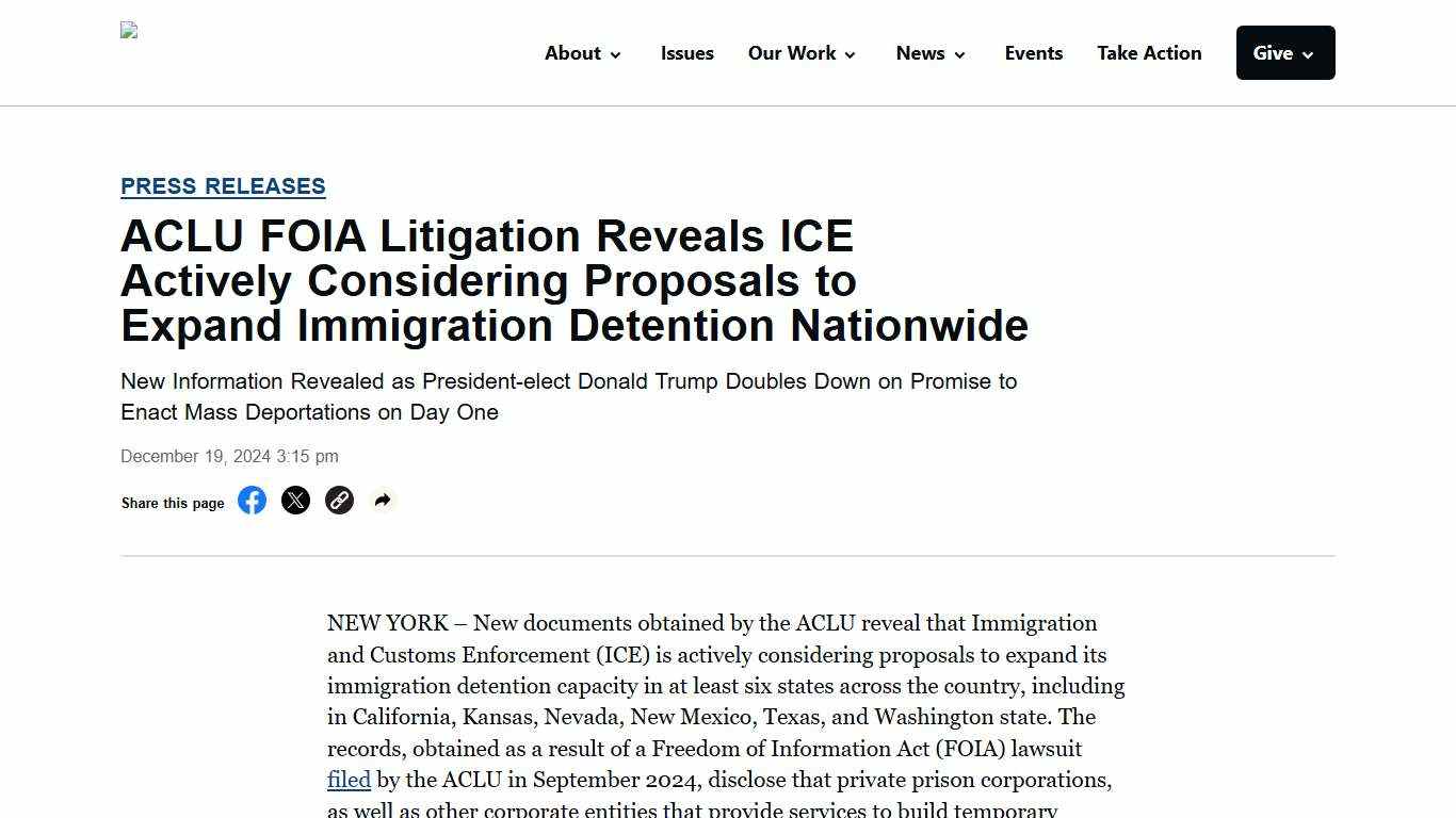 ACLU FOIA Litigation Reveals ICE Actively Considering Proposals to Expand Immigration Detention Nationwide - ACLU of New Mexico